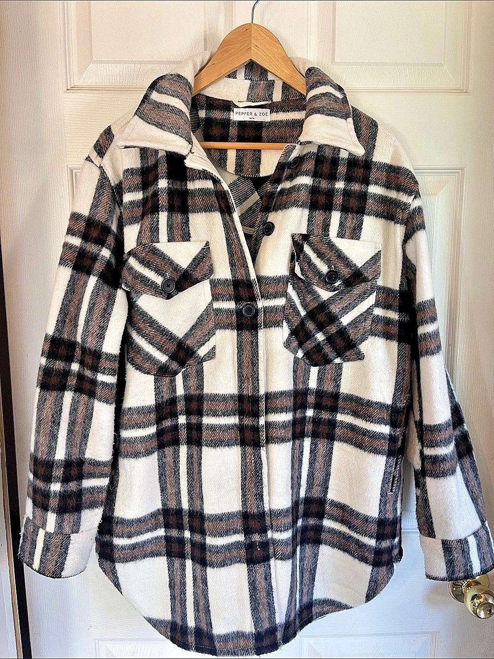 Pepper & Zoe True North Coatigan Plaid Shacket White & Brown Medium